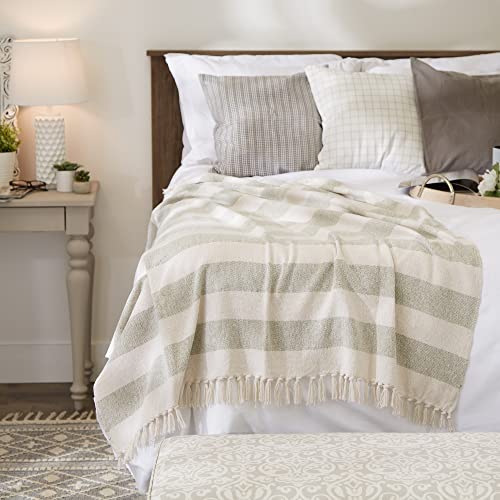 DII Rustic Farmhouse Cotton Cabana Striped Blanket Throw with Fringe, 50 x 60 - Cabana Striped Artichoke - color: Artichoke