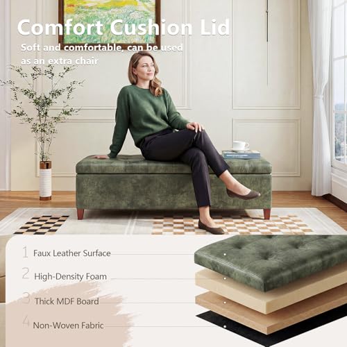 Joveco Storage Ottoman Bench, 51 Inch Tufted Leather Rectangle Bench for End Foot of Bed, Bedroom, Living Room, Deep Green - color: 51", Deep Green