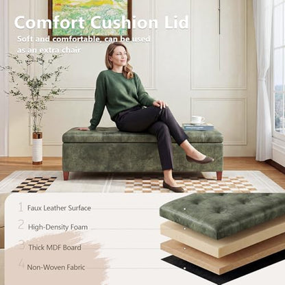 Joveco Storage Ottoman Bench, 51 Inch Tufted Leather Rectangle Bench for End Foot of Bed, Bedroom, Living Room, Deep Green - color: 51", Deep Green