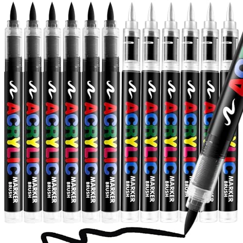 6 Black +6 White Paint Pen, Brush Tip Acrylic Paint Markers for Rock Painting, Wood, Glass, Ceramic, Canvas, Fabric, Stone, Decoration, DIY Crafts Kit Making, Art Supplies - color: 6 White + 6 Black