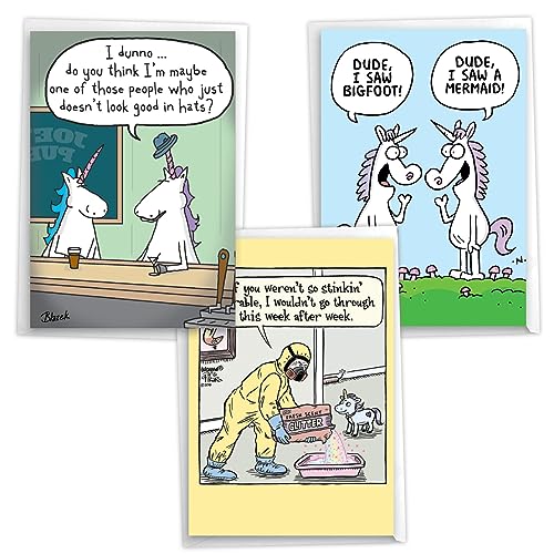 NobleWorks Assortment Pack of 3 Humorous Birthday Greeting Cards with Envelopes for Men and Women (3 Designs, 1 Each) Corny Unicorns VC10016BDG-C1x3 - style: Corny Unicorns