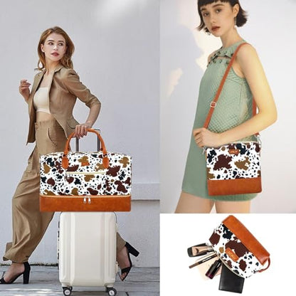 ITIEZY Weekender Bag for Women 21.5" Travel Duffel Large Carry On Bag 3PCS | Nylon Duffel Bag with Waterproof Shoe Compartment, Crossbody Bag and Toiletry Bag, Travel Weekend Hospital Overnight Gym Bag - color: 5-Brown Cow