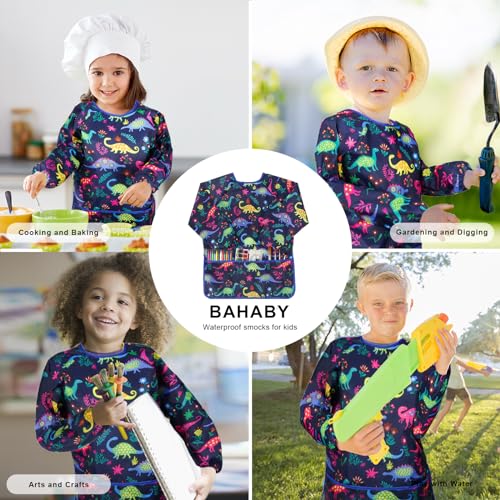 Kids Art Smocks Dinosaur Painting Aprons for Children Waterproof Artist Smock with Long Sleeve and 3 Pockets for Age 3-8 Years (Navy-blue) - color: Dinosaur (Blue)