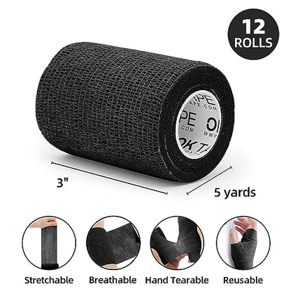 OK TAPE Self Adherent Cohesive Bandages Wrap 12Packs 3" x 5 Yards | Non-Woven Elastic for Thumb Finger Wrist Ankle Self Adhesive Bandage Wrap Breathable Vet Wrap Bandages Tape (Black) - color: Black, size: 3 In x 5 Yards