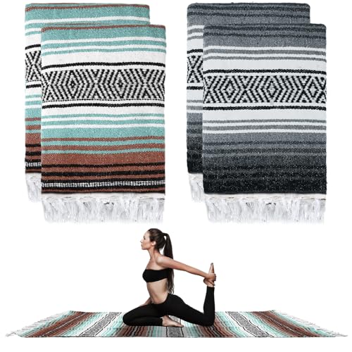 Preboun 4 Pcs Large Mexican Yoga Blanket Pack 45 x 70 Inch Thick Woven Camping Picnic Beach Car Travel Throw Blanket Outdoor Patio Mat Towel - color: Gray, Orange Green