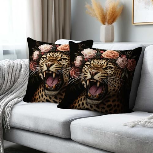 Leopard Throw Pillow Covers 18x18 Set of 2 | Roaring Wild Cat Decorative Cushion Covers | Black Floral Pillowcases for Sofa Couch Bed Living Room Bedroom Home Decor - color: Leopard Art