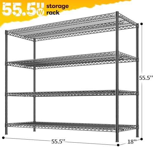 REIBII 4-Tier 2560LBS Heavy Duty Shelving,55.5"W Adjustable Storage Shelves | 2560 lbs commercial shelf,heavy-duty steel,25mm rods,powder-coated rust-proof,adjustable tiers, ool-free,garage, warehouse - size: 55.5"H x 55.5"W x 18"D