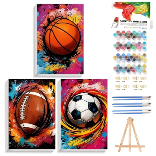 Reivworl 3 Pack Framed Paint by Numbers for Adults with Wooden Easel, Ball Sports Paint by Numbers Kit for Adults Beginner, Acrylic Painting by Number for Home Decor 8X12 Inch - color: 01-Ball Sports, size: 8X12 Inch