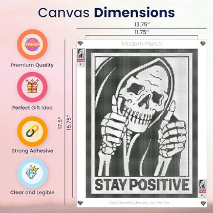 Modern Merch 'Stay Positive' Halloween Diamond Art Kits for Adults Scary Skeleton Diamond Painting Kits for Adults, Motivational Quote Cross Stitch Gem Art, Round Drill 12x16 DIY Black and White Art - color: Stay Positive