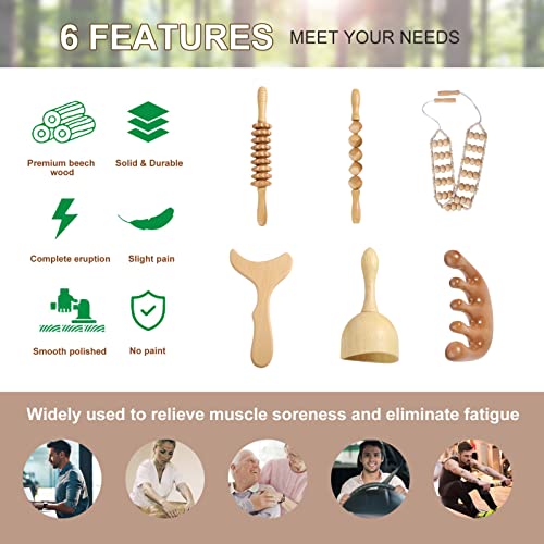 Wood Therapy Massage Tools Maderoterapia Kit Body Sculpting Tools for Lymphatic Drainage and Anti-Cellulite .Wood Massager Roller Rpoe for Back and Muscle Pain Relief (Medium)