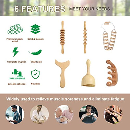 Wood Therapy Massage Tools Maderoterapia Kit Body Sculpting Tools for Lymphatic Drainage and Anti-Cellulite .Wood Massager Roller Rpoe for Back and Muscle Pain Relief (Medium)