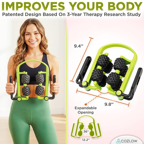 COZLOW 3 in 1 Lymphatic Drainage Massage Tool - Back Massager - Cellulite Roller - Arm + Leg Muscle Trigger Point Myofascial Release - color: Green/Black