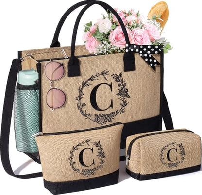Personalized Birthday Gifts for Women, Monogrammed Initial Jute Tote Bags | Beach Tote Bag & Makeup Bags w/ Zipper, Christmas Women Gifts for Mom Her Friends Sister Coworker Nurse Teacher Appreciation - style: C
