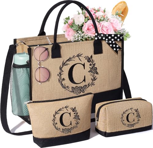Personalized Birthday Gifts for Women, Monogrammed Initial Jute Tote Bags | Beach Tote Bag & Makeup Bags w/ Zipper, Christmas Women Gifts for Mom Her Friends Sister Coworker Nurse Teacher Appreciation - style: C