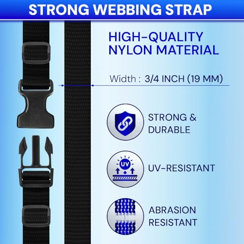 TECEUM 3/4" Nylon Strap Kit with Buckles, Black 6 yards Repair Set | Heavy duty hardware kit: 6yd webbing, 6 quick release buckles, 12 tri-glide slide clips, 6 metal D-rings for crafting. - color: Black, size: 3/4" - 6 yards, style: 6 Buckle - 12 Slides -