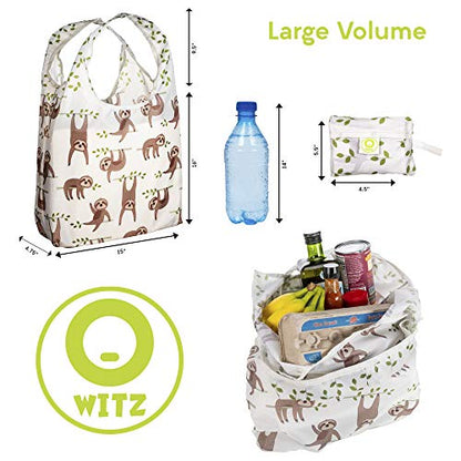 O-WITZ Reusable Grocery Bags | Vibrant Tote Bag For Groceries, Gym, Office Supplies, Beach Gear, Toys & More | Washable Design | Large Handles For Maximum Convenience | Folds Into A Small Pouch, Sloth - color: Sloth