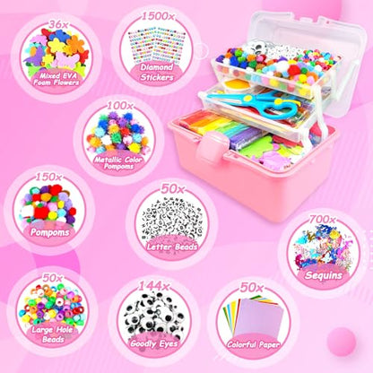 3000 Arts and Crafts Supplies for Kids Craft Kit Craft Box with Pipe Cleaners Arts and Crafts for Kids Age 4-6, 6-8, 8-12 DIY School Supplies Materials Set Toys Gifts for Girls Boys Toddlers, Red - color: red