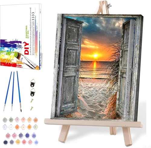 MIRCVSH Sunset Beach Paint by Numbers for Adults-Landscape Paint by Number on Canvas with Wooden Framed,DIY Acrylic Oil Painting by Number Kits for Adults Gift Home Wall Decor(12x16inch) - color: DKH030