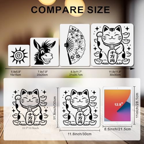 MAYJOYDIY 2 Styles Maneki Neko Fish Stencils Reusable Template with Paint Brush Cat 11.8×11.8" for Home Decoration Wood Wall Canvas Furniture - style: Maneki Neko
