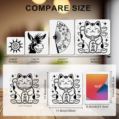 MAYJOYDIY 2 Styles Maneki Neko Fish Stencils Reusable Template with Paint Brush Cat 11.8×11.8" for Home Decoration Wood Wall Canvas Furniture - style: Maneki Neko
