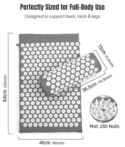 ROMIX Acupressure Mat and Pillow Set, Acupuncture Mat for Back Pain, Neck, Shoulder Pain Relief, Stress Reduction, Wellness Therapy, Cushioned Acupressure Mats with Carry Bag for Men and Women - color: Grey