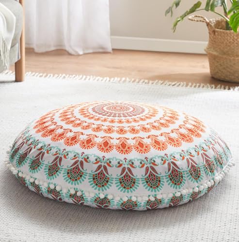 Codi 32-inch Floor Pillow, Large Meditation Cushions for Adults, Coral | Oversized round seating for yoga & zen, Supportive shredded memory foam filling, Removable machine washable boho cover - color: Round | Coral, size: 1 Count (Pack of 1)