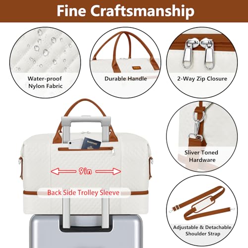 ITIEZY Weekender Bag for Women 21.5" Travel Duffel Large Carry On Bag 3PCS | Nylon Duffel Bag with Waterproof Shoe Compartment, Crossbody Bag and Toiletry Bag, Travel Weekend Hospital Overnight Gym Bag - color: 9a-Beige