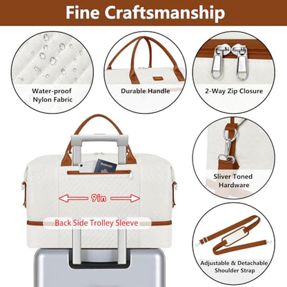 ITIEZY Weekender Bag for Women 21.5" Travel Duffel Large Carry On Bag 3PCS | Nylon Duffel Bag with Waterproof Shoe Compartment, Crossbody Bag and Toiletry Bag, Travel Weekend Hospital Overnight Gym Bag - color: 9a-Beige
