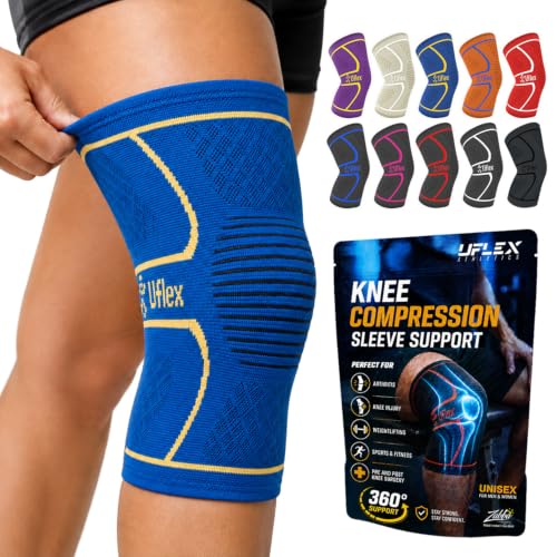 UFlex Athletics Knee Brace for Men and Women Knee Compression Sleeve Knee Support Wraps for Arthritis Joint Pain Relief, Workout, Swelling, Sports, Circulation, Running, & ACL Recovery - color: Blue-Gold, size: Medium