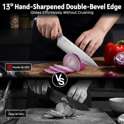 PAUDIN Chef Knife 8 Inch, Ultra Sharp Kitchen Knife 62 HRC, 9-Layer High Carbon Steel Professional Chefs Knife with Full Tang Ergonomic Wood Handle, Meat Vegetable Slicing Knife,Gift for Men Women - color: 8 Inch Chef Knife