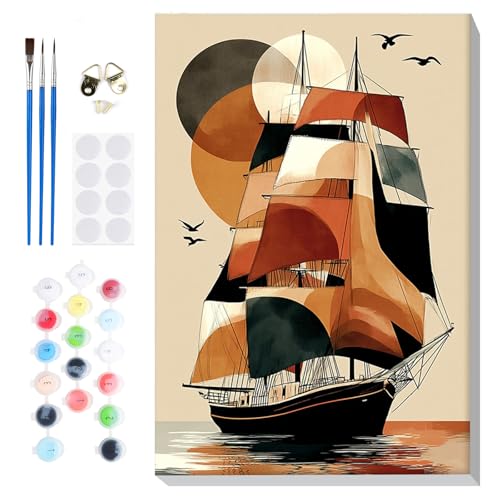 Bowetile Framed Paint by Numbers Sailboat Kit for Adults, Adults' Paint-by-Number Kits on Canvas, Painting by Numbers Geometric Style, Acrylic Number Painting Gifts for Home Wall Decor, 8x12in - color: Sailboat, Geometric Style
