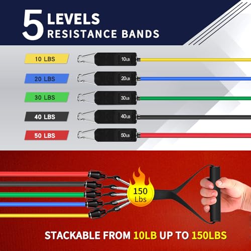 WHATAFIT Resistance Bands with Handles, 5-Level Exercise Bands for Workout - color: 10-150LB colorful with baseball
