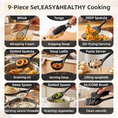 Kitchen Utensils Set,9 PCS Silicone Cooking Utensils Set Spatula Set,Non Toxic Cooking Utensils,Tongs,Spoon,Whisk,Brush,BPA Free Kitchen Gadgets for Non-Stick Cookware,Home Essential(Black-9P) - color: Black