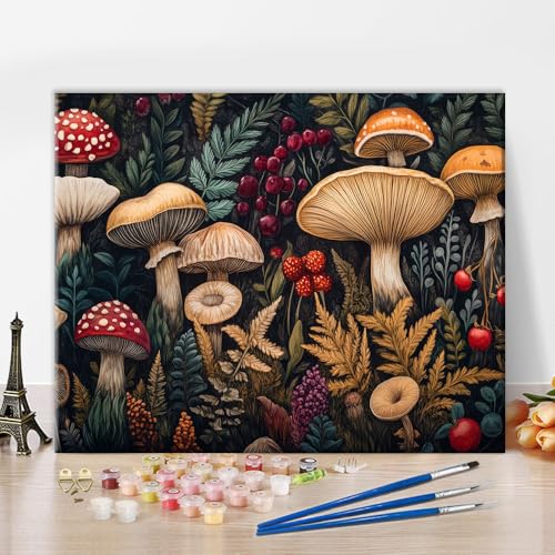 Mushroom Paint by Number for Adults Beginner, Plants Paint by Numbers Kit for Adults, Leaf Oil Hand Painting on Canvas, DIY Painting by Numbers for Gift Home Wall Decor 16"x20"(Frameless) - color: Mushroom