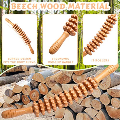 Curved Wood Therapy Massage Roller Tools,Lymphatic Drainage, Cellulite Massage & Wooden Muscle Roller Stick for Waist and Thigh, Stomach Rolling Massager Tool （with White Box）