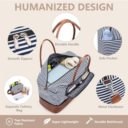Large Women Travel Weekender Bag: Carry on Duffle with Shoe Compartment | Overnight Duffel Bags with Wet Pocket, Crossbody & Toiletry Bag, 3PCS Womens Traveling Tote Set for Hospital Gym Weekend Trip - color: Blue Striped