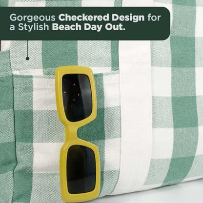 Folkulture Beach Tote Bags For Women, Beach Must Haves 2026-18x15 Inch | Waterproof,Sandproof, Large Tote Bags for Women, Swimming Pool, Beach Essentials, Simple Modern Pool Bag, Bolsos Para Mujeres - color: Forest Green - Checkered