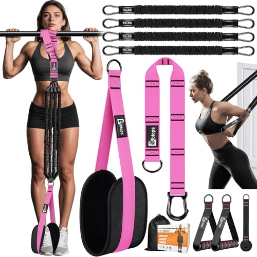 Pull Up Assistance Bands Set, 300 lbs Max Heavy Duty Resistance Bands with Adjustable Strap, Non-Slip Handle & Door Anchor, Full Body Strength Training Workout Equipment for Home Gym Fitness - color: Pink