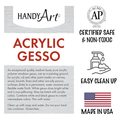 Handy Art Acrylic Gesso, 16 oz, White, Primer for Canvas, Wood, & Artist Painting Surfaces, Enhances Acrylic Paint Adhesion, Low Viscosity, Thick Coverage, Certified Safe & AP Non-Toxic, Made in USA - color: White Gesso, size: 16 Fl Oz (Pack of 1)