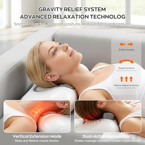 3-in-1 Shiatsu Neck & Back Massager with Heat, Vibration & Airbag Traction, Portable Cordless Electric Massage Pillow Ergonomic Design for Deep Tissue Pain Relief Muscle Relax