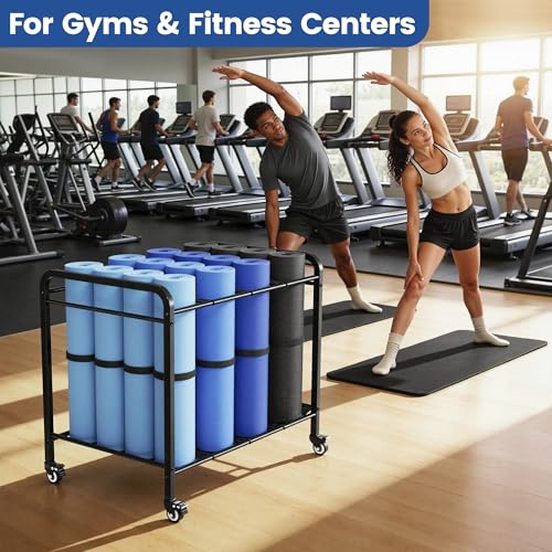 Heavy-Duty Rolling Yoga Mat Storage Cart, Holds 16+ Mats, Commercial-Grade Floor-Standing Metal Yoga Mat Rack for Gym,Fitness Classes, Yoga Studio & Home Gym, Black