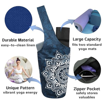 Yoga Mat Bag Carrier for Women with Side Large Pocket Durable Linen Workout Gym Travel Storage Pilates Mats - color: Mandala