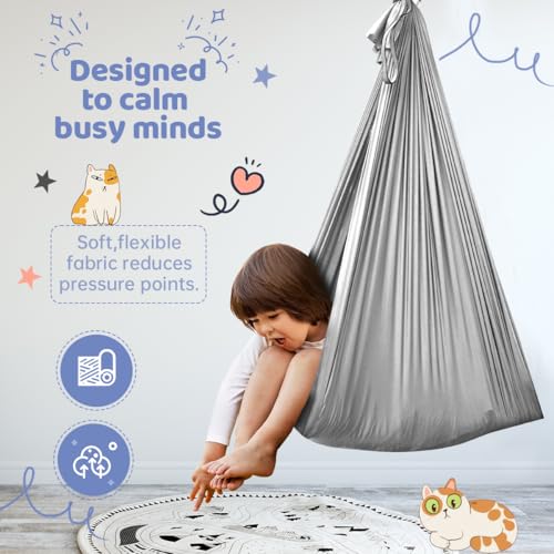 Aokitec Sensory Swing for Kids & Adult, Indoor Outdoor Cuddle Hammock Chair | Therapy swing, Special Needs, Autism, ADHD, Adjustable, Soft Nylon 300LB Capacity, 360 Swivel Hanger, All Hardware Included - color: Light Grey