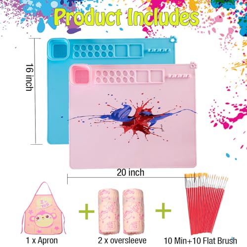Silicone Painting Mat,Painting Stations Kit [1x Apron,1 Pair Oversleeve,20 Pieces Brushes] Craft Silicone Mats 21"X17" with Detachable Cup for Kids Gift,Paint, Clay, DIY Projects - color: Pink