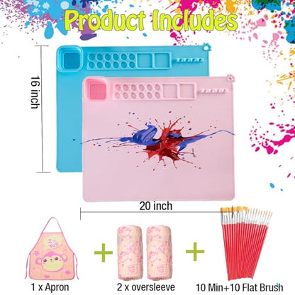 Silicone Painting Mat,Painting Stations Kit [1x Apron,1 Pair Oversleeve,20 Pieces Brushes] Craft Silicone Mats 21"X17" with Detachable Cup for Kids Gift,Paint, Clay, DIY Projects - color: Pink