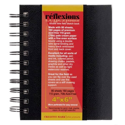 Creative Mark Double Wire Spiral Bound Field Sketch Book [160 Pages - 4 x 6], Black Embossed Leatherette Journal, Light Cream Acid-Free Paper, Perfect for Dry Media and Drawing - size: 4 x 6" - Single