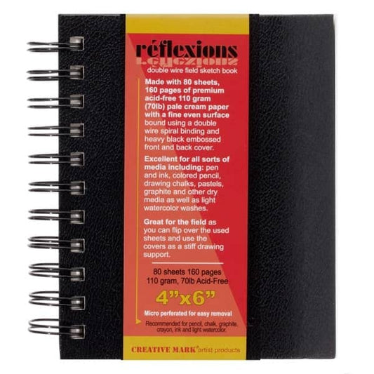Creative Mark Double Wire Spiral Bound Field Sketch Book [160 Pages - 4 x 6], Black Embossed Leatherette Journal, Light Cream Acid-Free Paper, Perfect for Dry Media and Drawing - size: 4 x 6" - Single