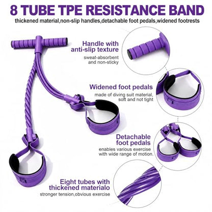 Pedal Resistance Bands with Handles, Separated 8-Tube Multifunction Exercise Bands, Yoga Tension Rope, Natural Rubber Elastic Equipment for Abdomen, Waist, Arm, Leg Stretching - color: Purple