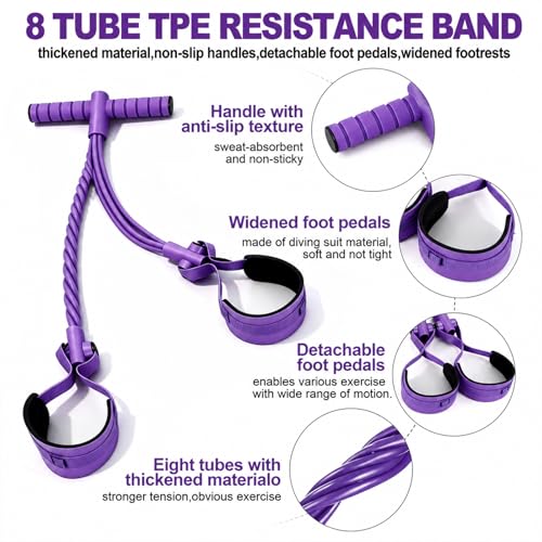 Pedal Resistance Bands with Handles, Separated 8-Tube Multifunction Exercise Bands, Yoga Tension Rope, Natural Rubber Elastic Equipment for Abdomen, Waist, Arm, Leg Stretching - color: Purple