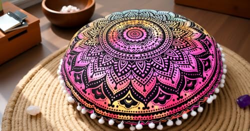 Round Mandala Floor Pillow Cover Seating Cushion Throw Cover Hippie Decorative Bohemian Ottoman Pouf Cover, Pom Pom Pillow Cases,Boho Indian 32 Inches Multi Ombre - color: Multi Black, size: 32" Round